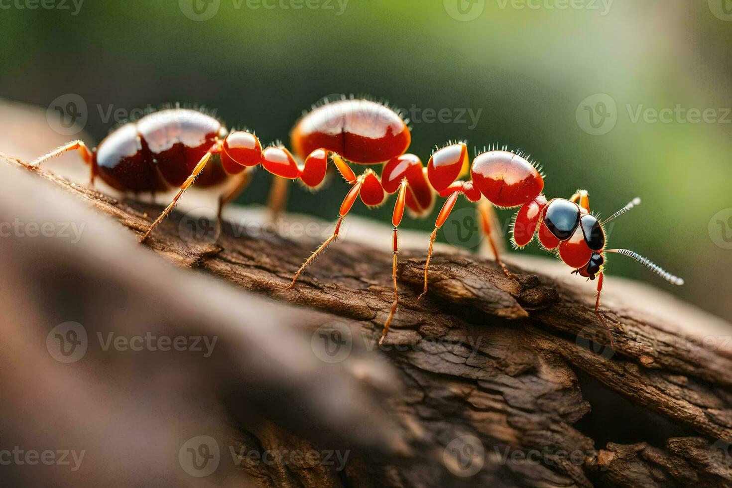 een rood mier Aan een logboek. ai-gegenereerd foto