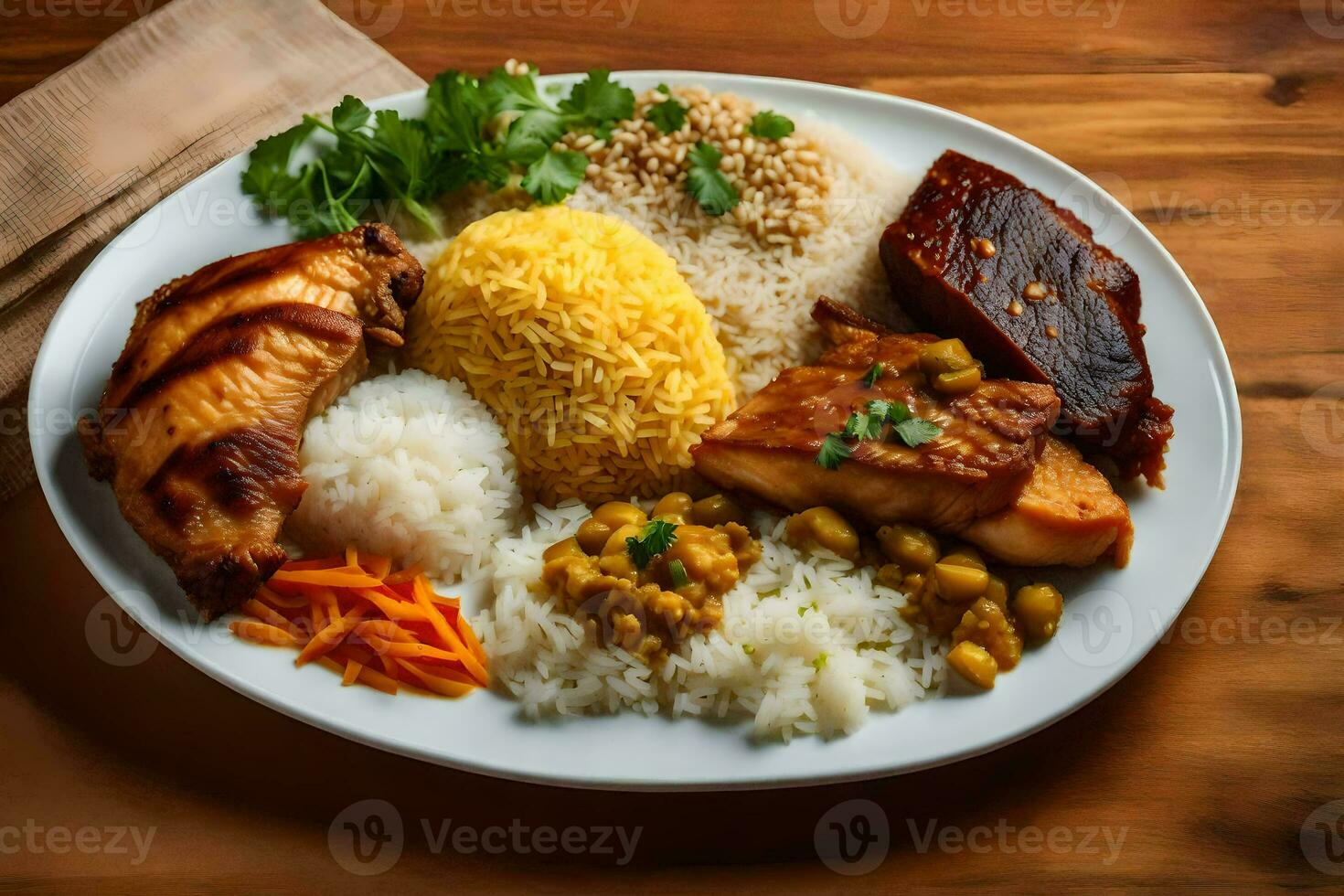 een bord van voedsel met rijst, vlees, en groenten. ai-gegenereerd foto