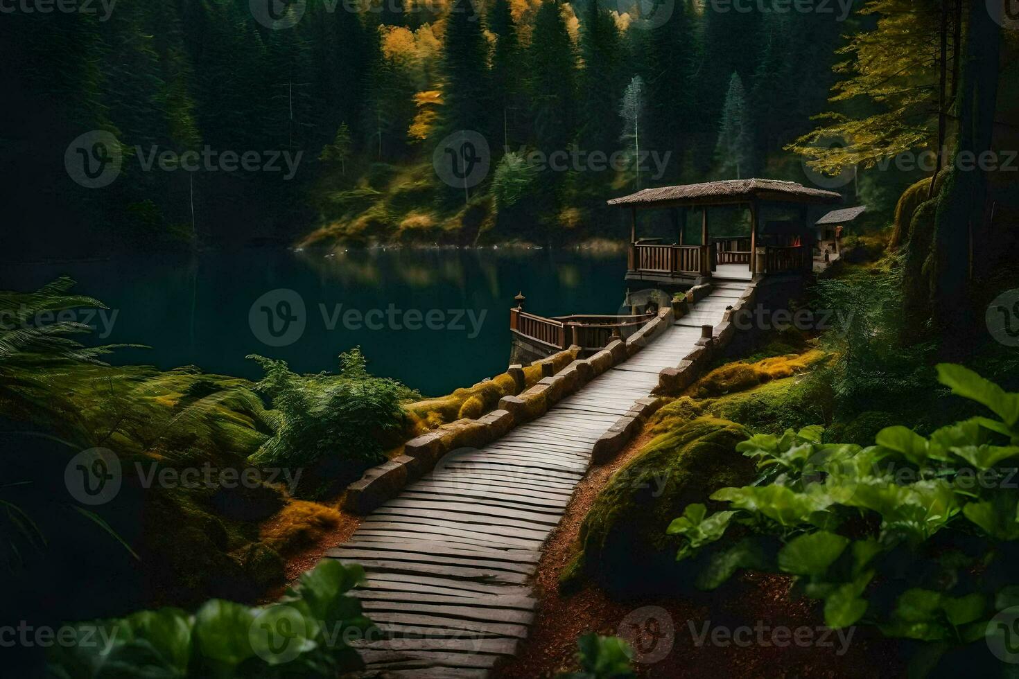 een houten loopbrug Leidt naar een meer omringd door bomen. ai-gegenereerd foto