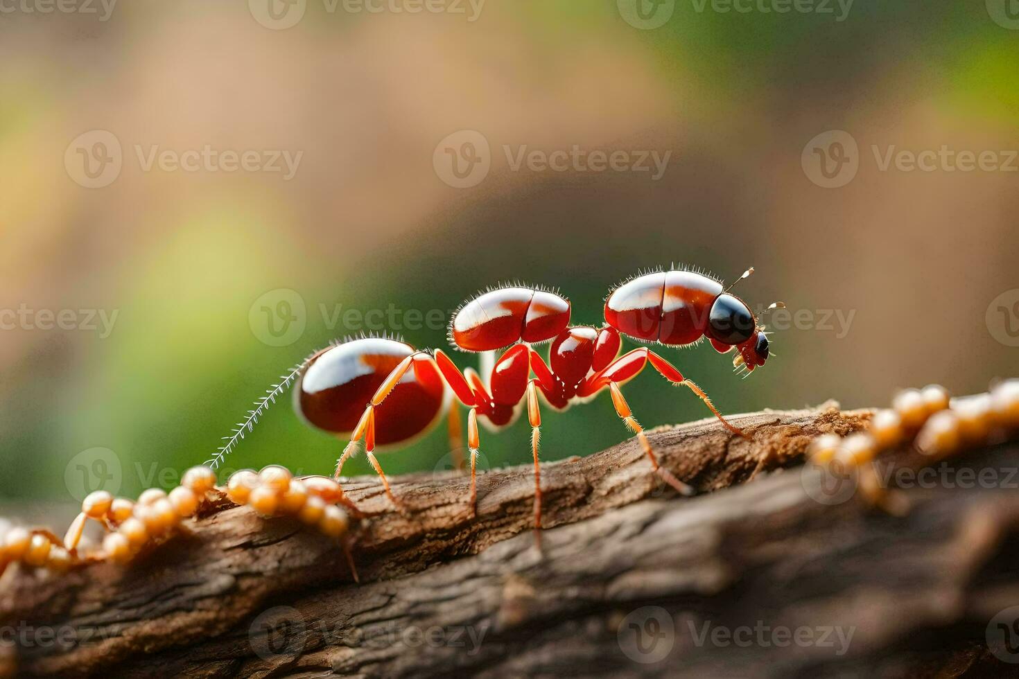 een rood mier draag- een klein groep van mieren. ai-gegenereerd foto