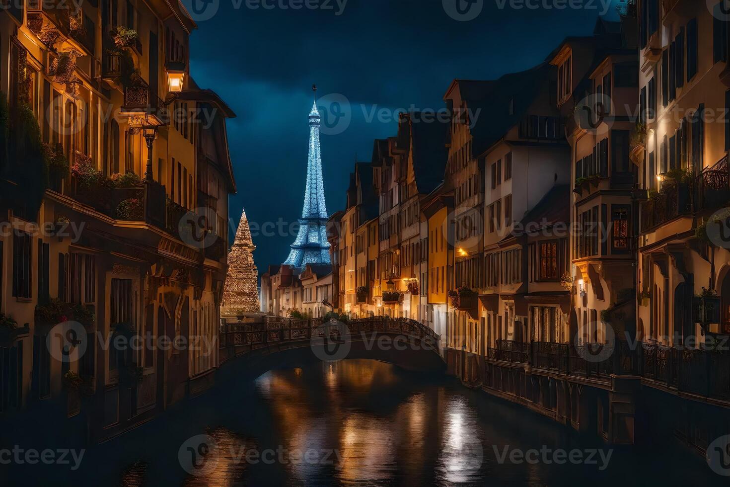 de eiffel toren in Parijs Bij nacht. ai-gegenereerd foto