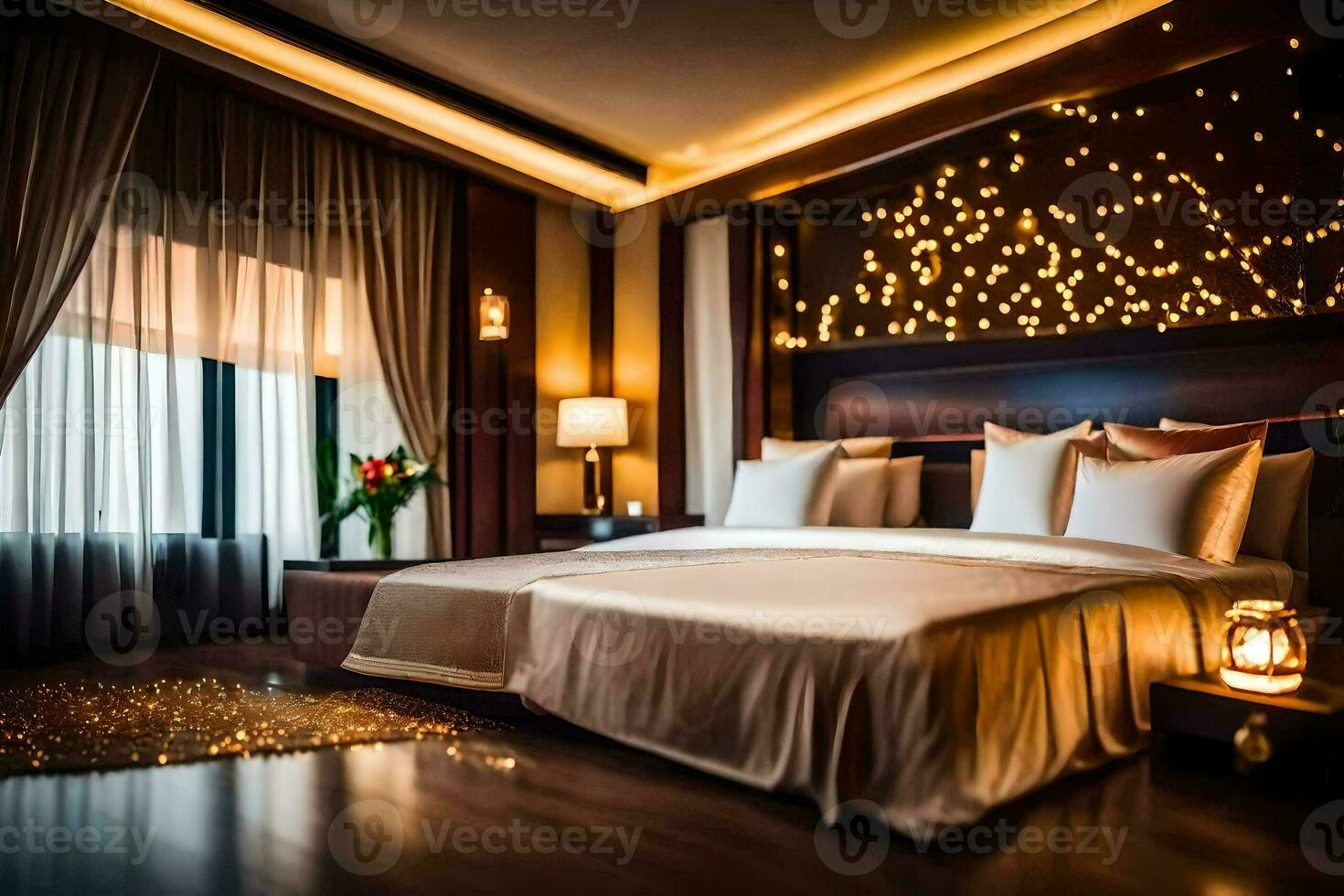 een slaapkamer met een bed en twee lampen. ai-gegenereerd foto
