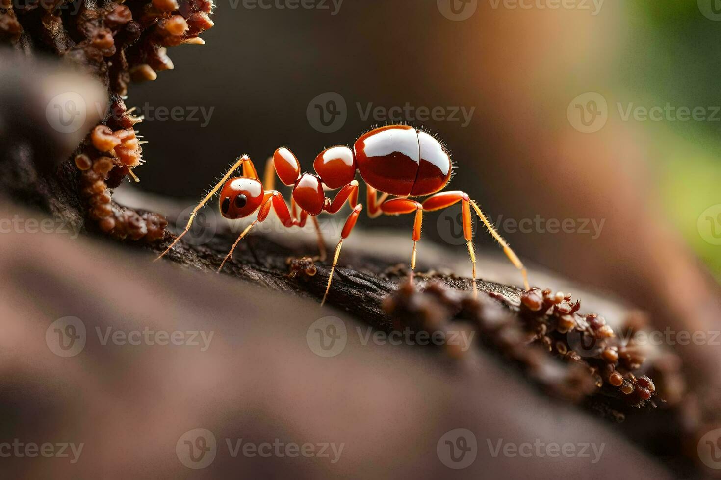 een rood mier kruipen Aan een boom Afdeling. ai-gegenereerd foto