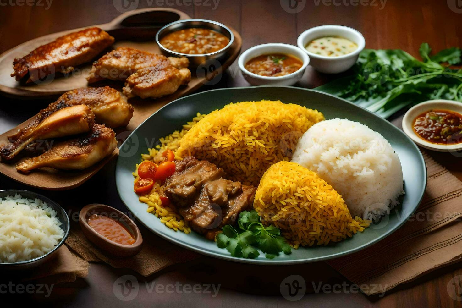 een tafel met rijst, kip, en andere voedsel. ai-gegenereerd foto