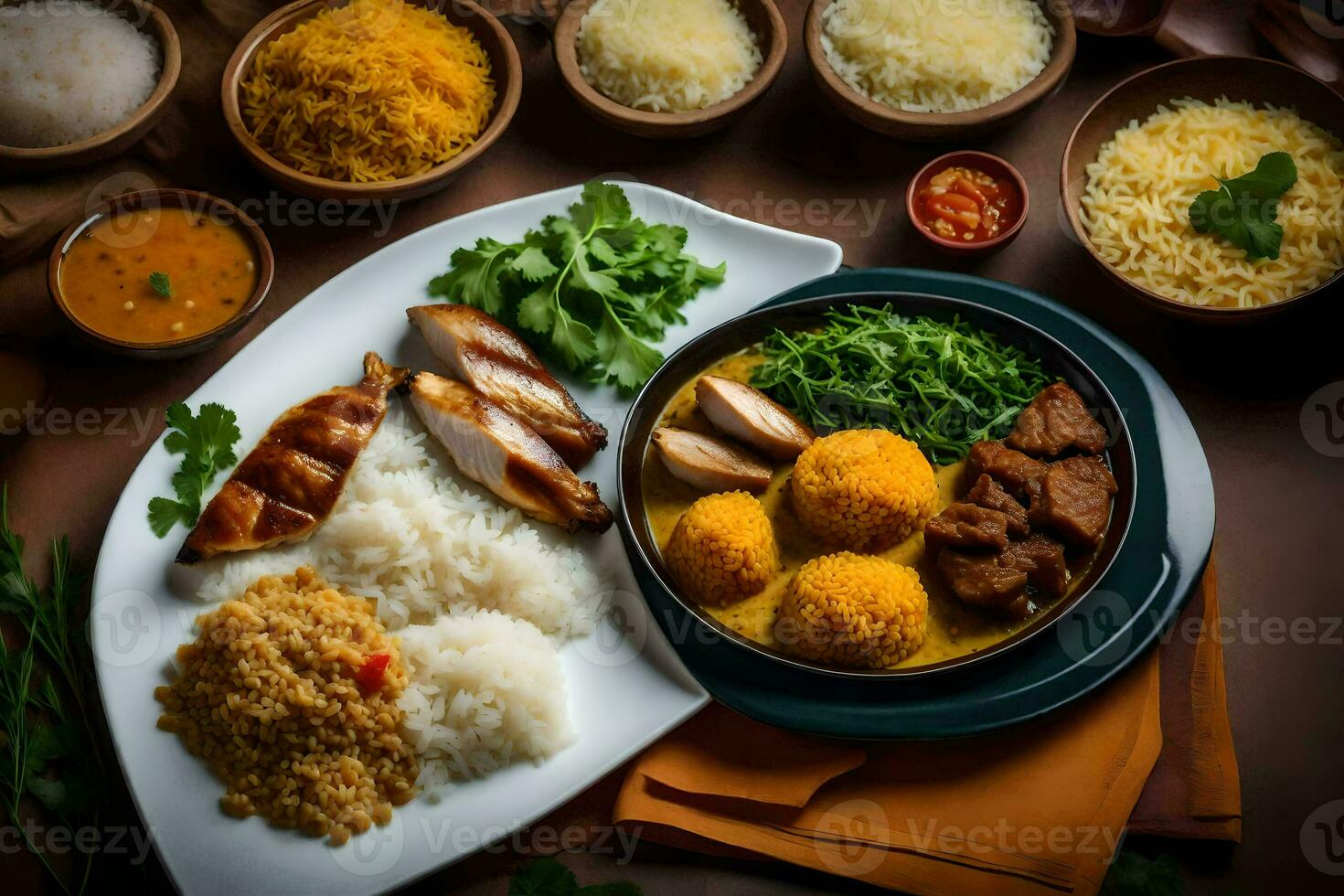 een bord van voedsel met rijst, kip en groenten. ai-gegenereerd foto