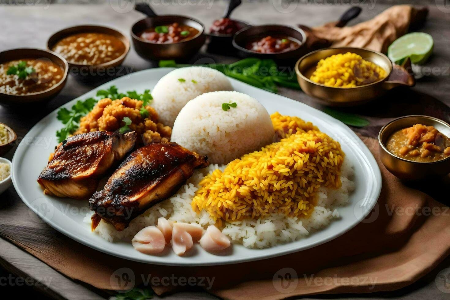 een bord van rijst, vlees en groenten met sauzen. ai-gegenereerd foto