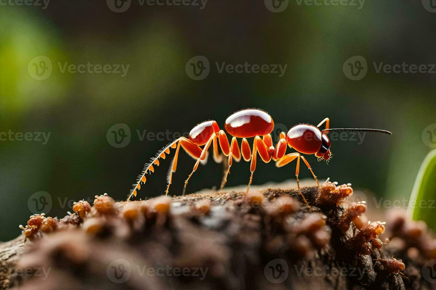 een rood mier is staand Aan top van een logboek. ai-gegenereerd foto