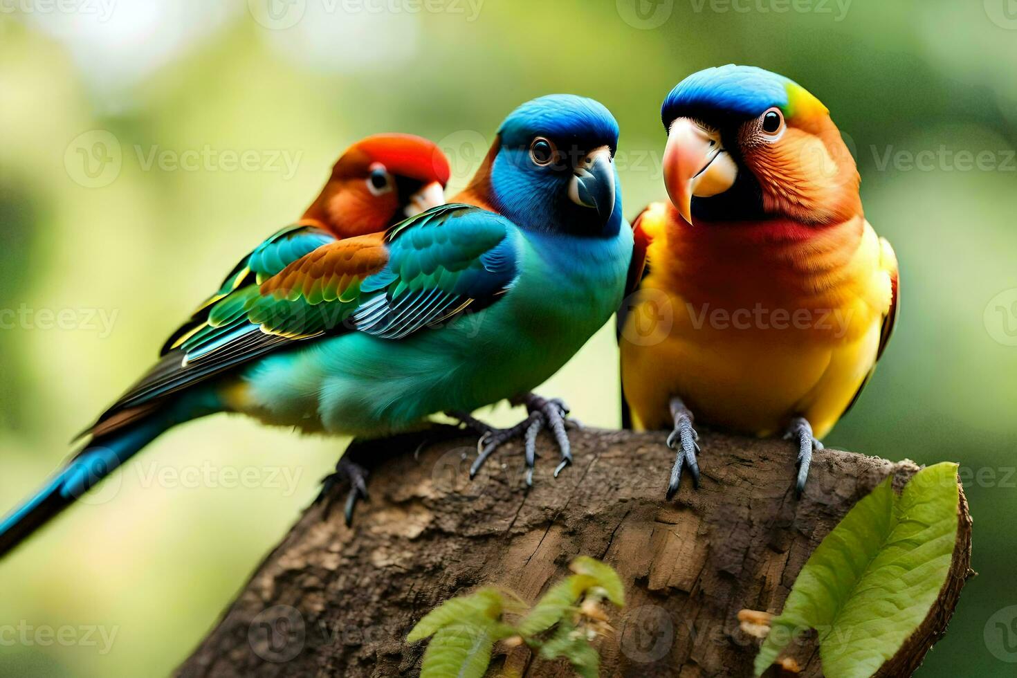 drie kleurrijk vogelstand zittend Aan een Afdeling. ai-gegenereerd foto