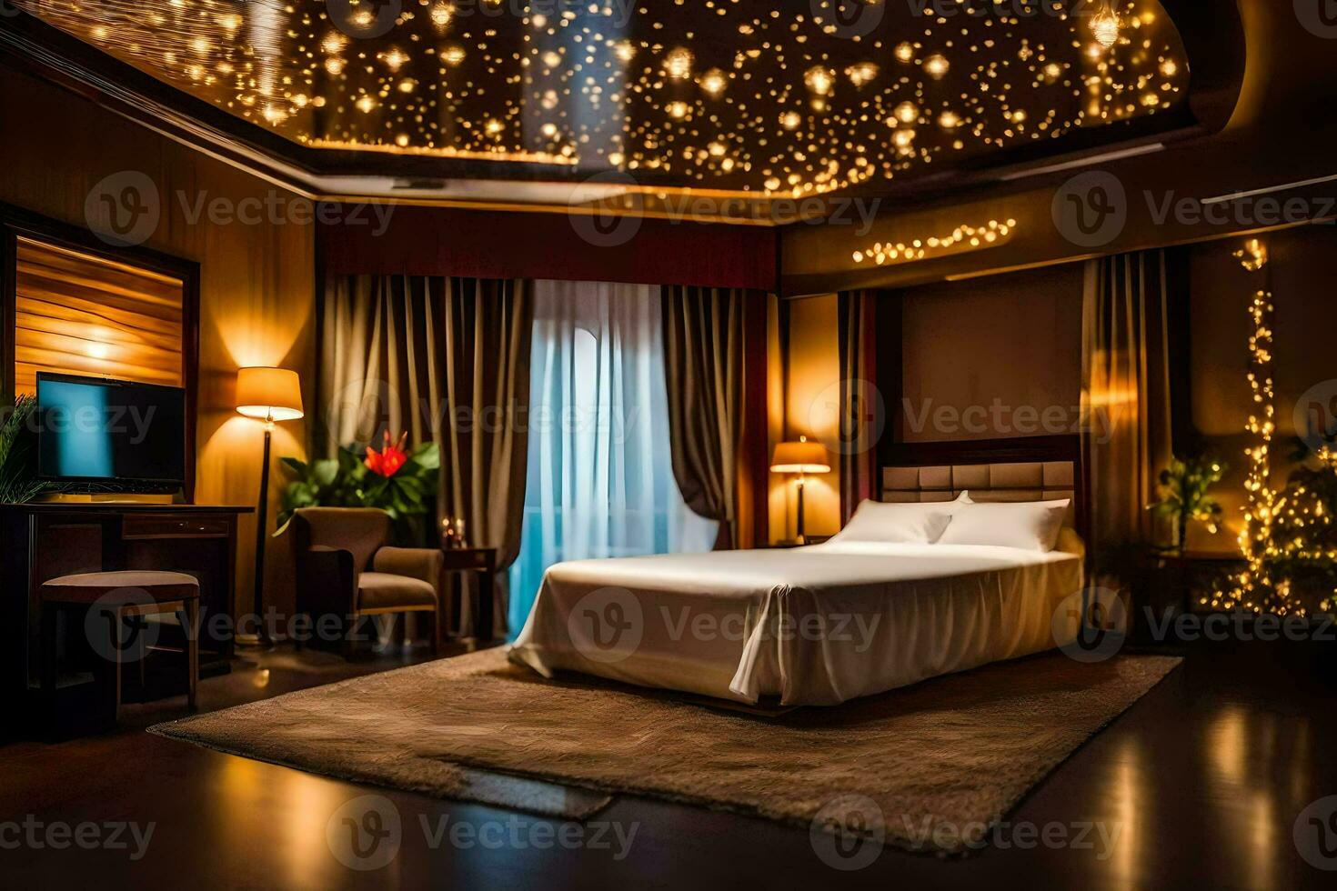 een slaapkamer met een ster plafond en een bed. ai-gegenereerd foto