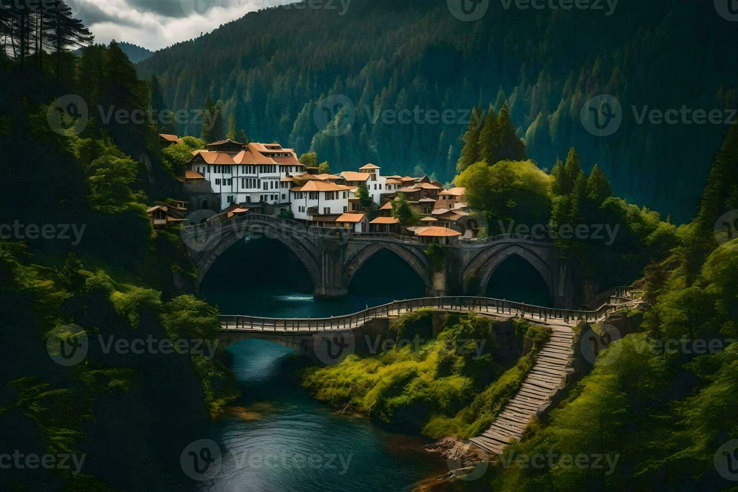 de brug over- de rivier- in de bergen. ai-gegenereerd foto
