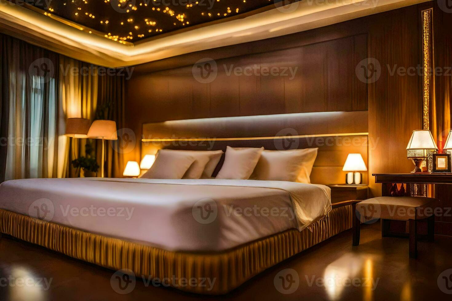 een bed of bedden in een kamer Bij de hotel. ai-gegenereerd foto