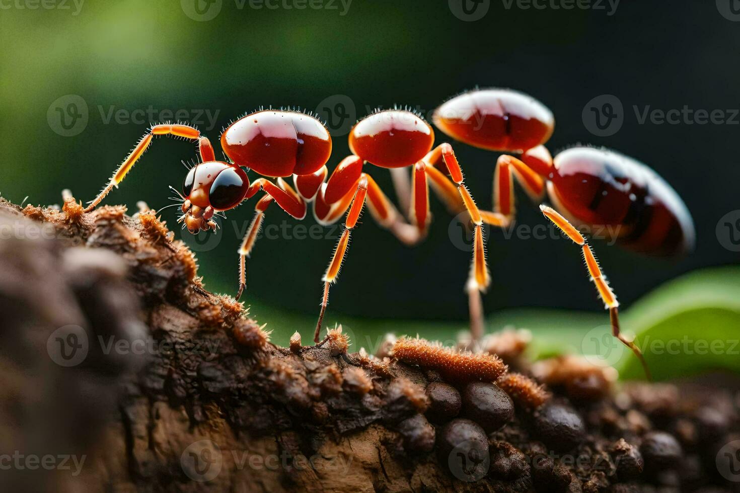 een rood mier is wandelen Aan een boom kofferbak. ai-gegenereerd foto