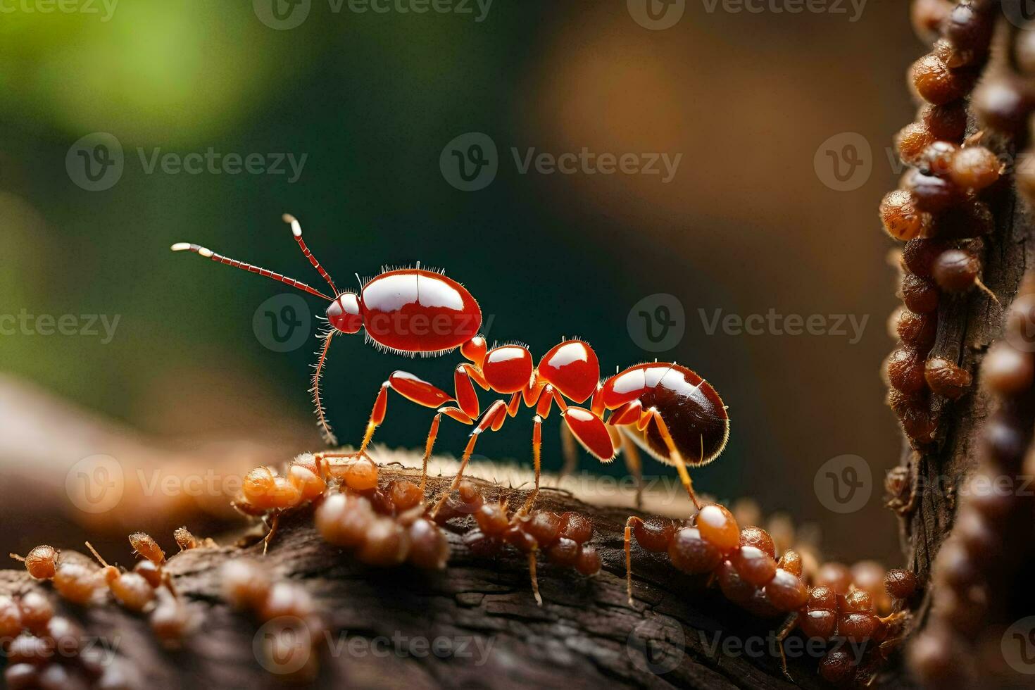 een rood mier is staand Aan een Afdeling met veel bruin mieren. ai-gegenereerd foto