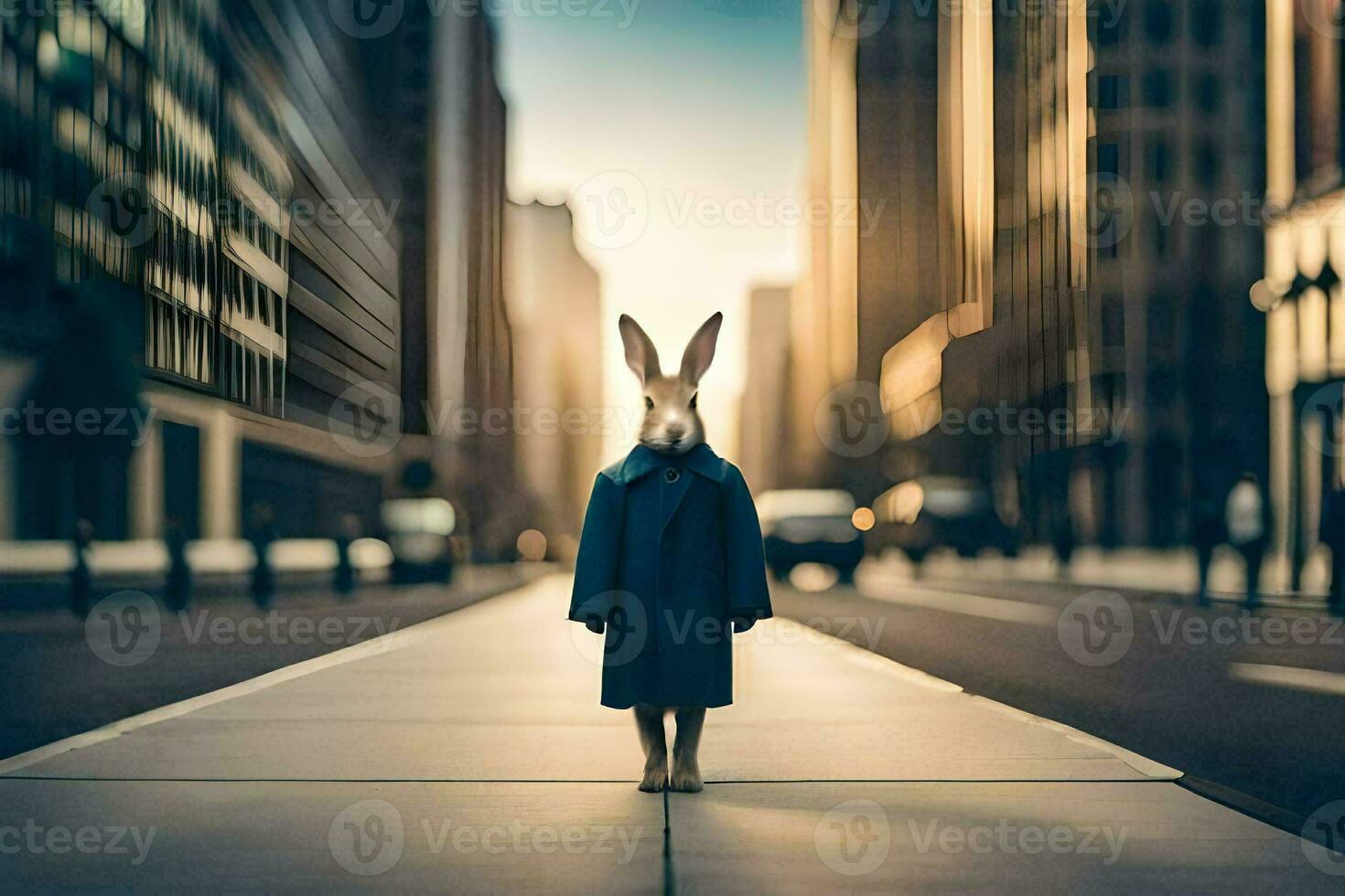 een konijn in een blauw jas staand in de midden- van een stad straat. ai-gegenereerd foto