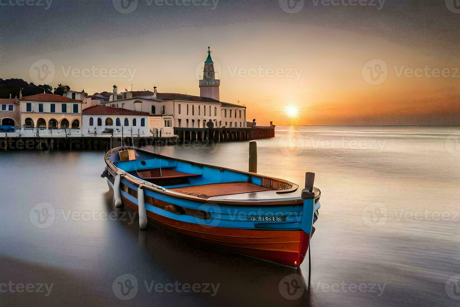 een boot zit in de water Bij zonsondergang. ai-gegenereerd foto