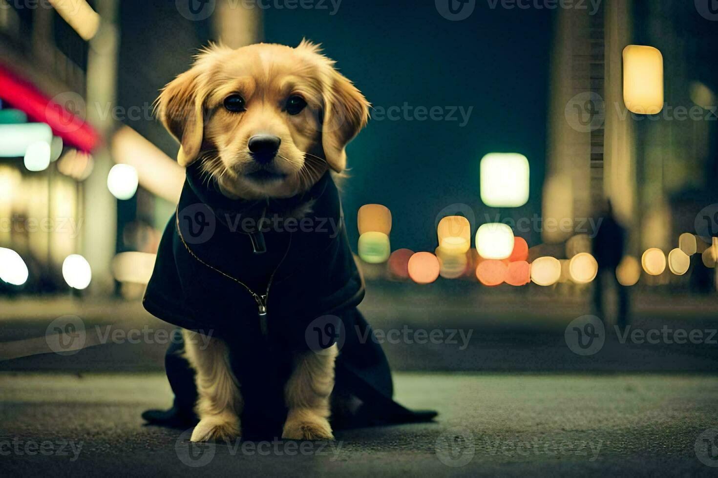 een hond in een zwart jas zittend Aan de straat. ai-gegenereerd foto