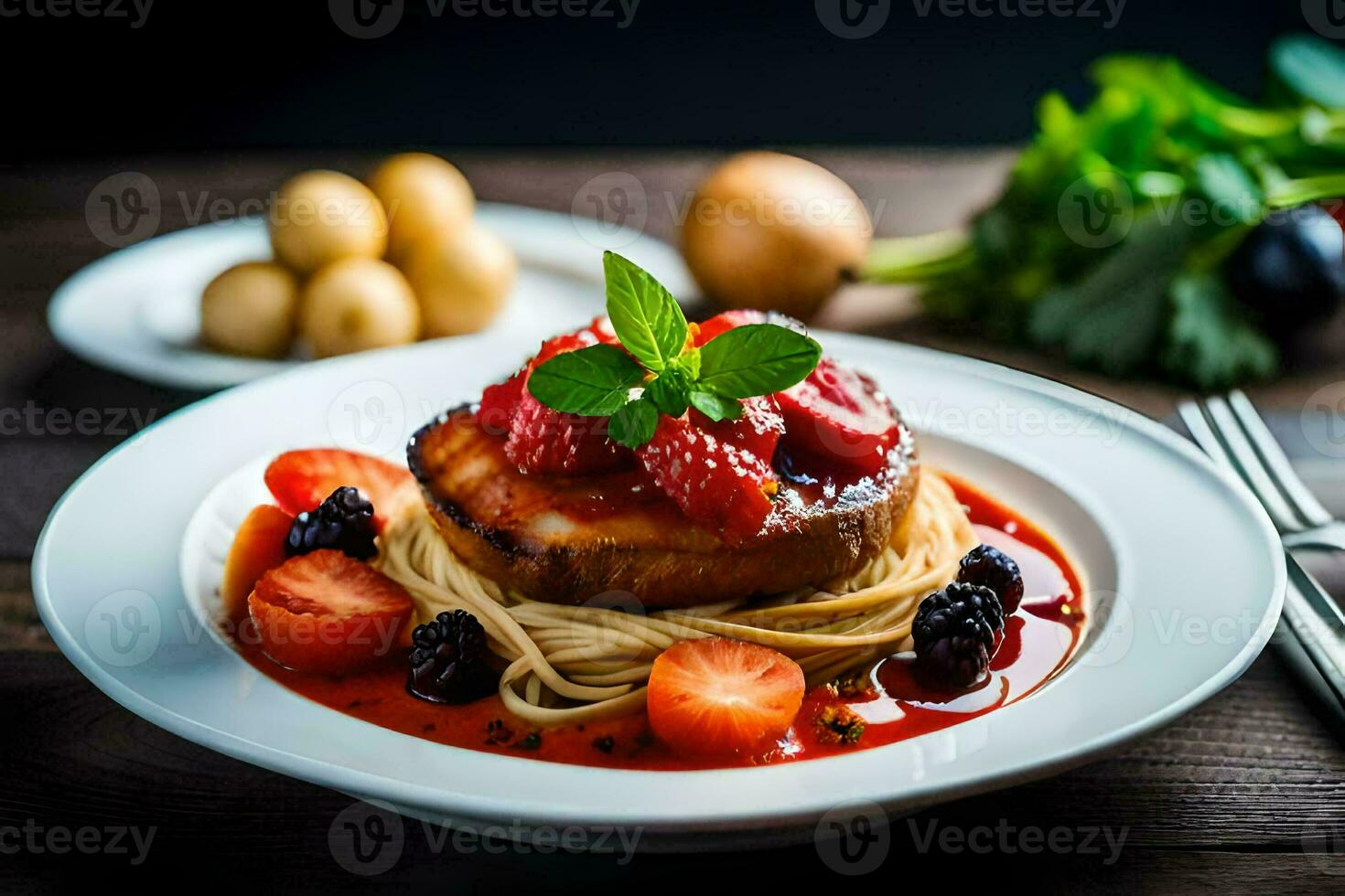 een bord met pasta, vlees en bessen Aan een houten tafel. ai-gegenereerd foto