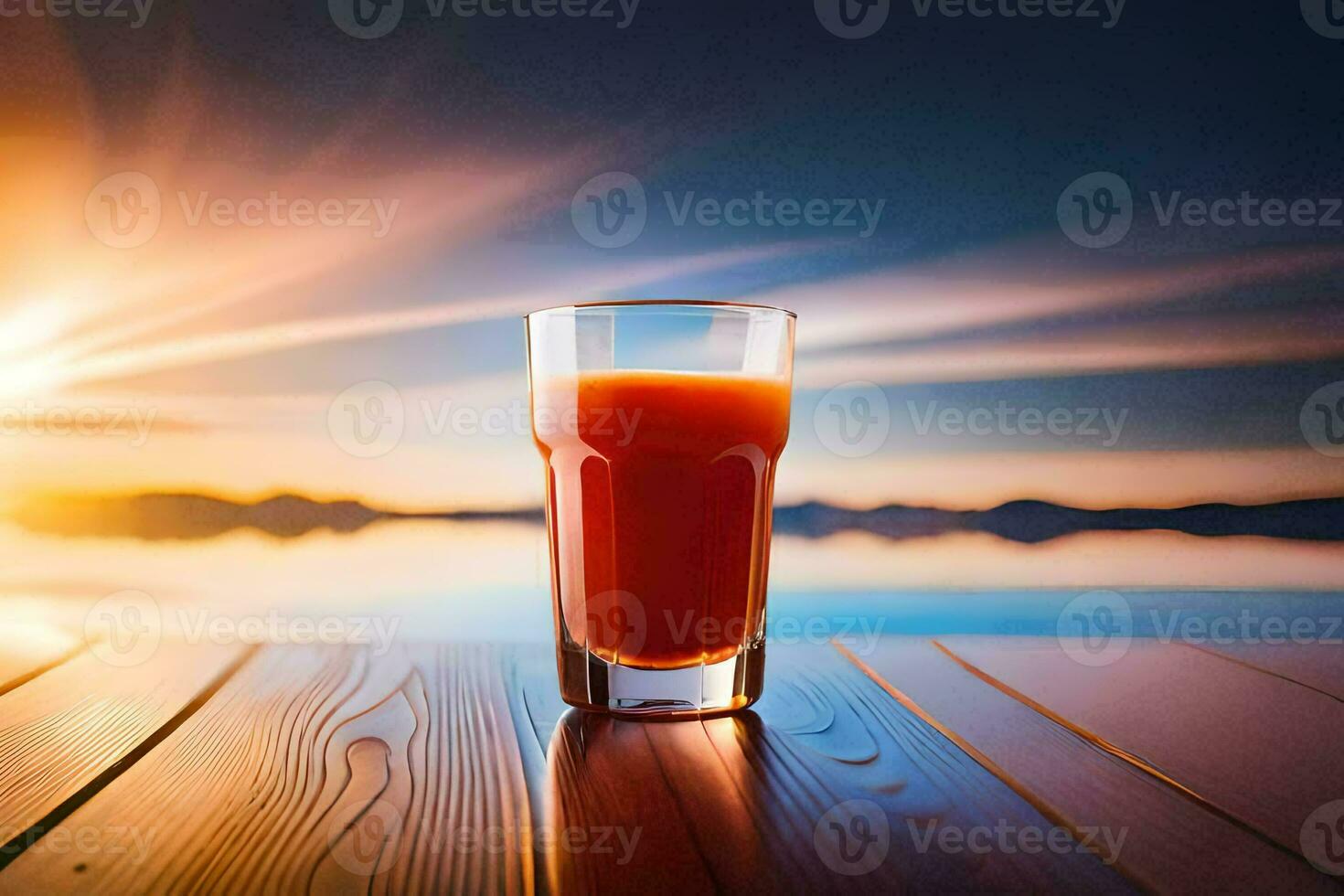 een glas van oranje sap Aan een houten tafel. ai-gegenereerd foto