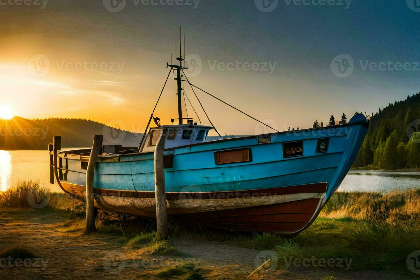 een boot zit Aan de kust Bij zonsondergang. ai-gegenereerd foto