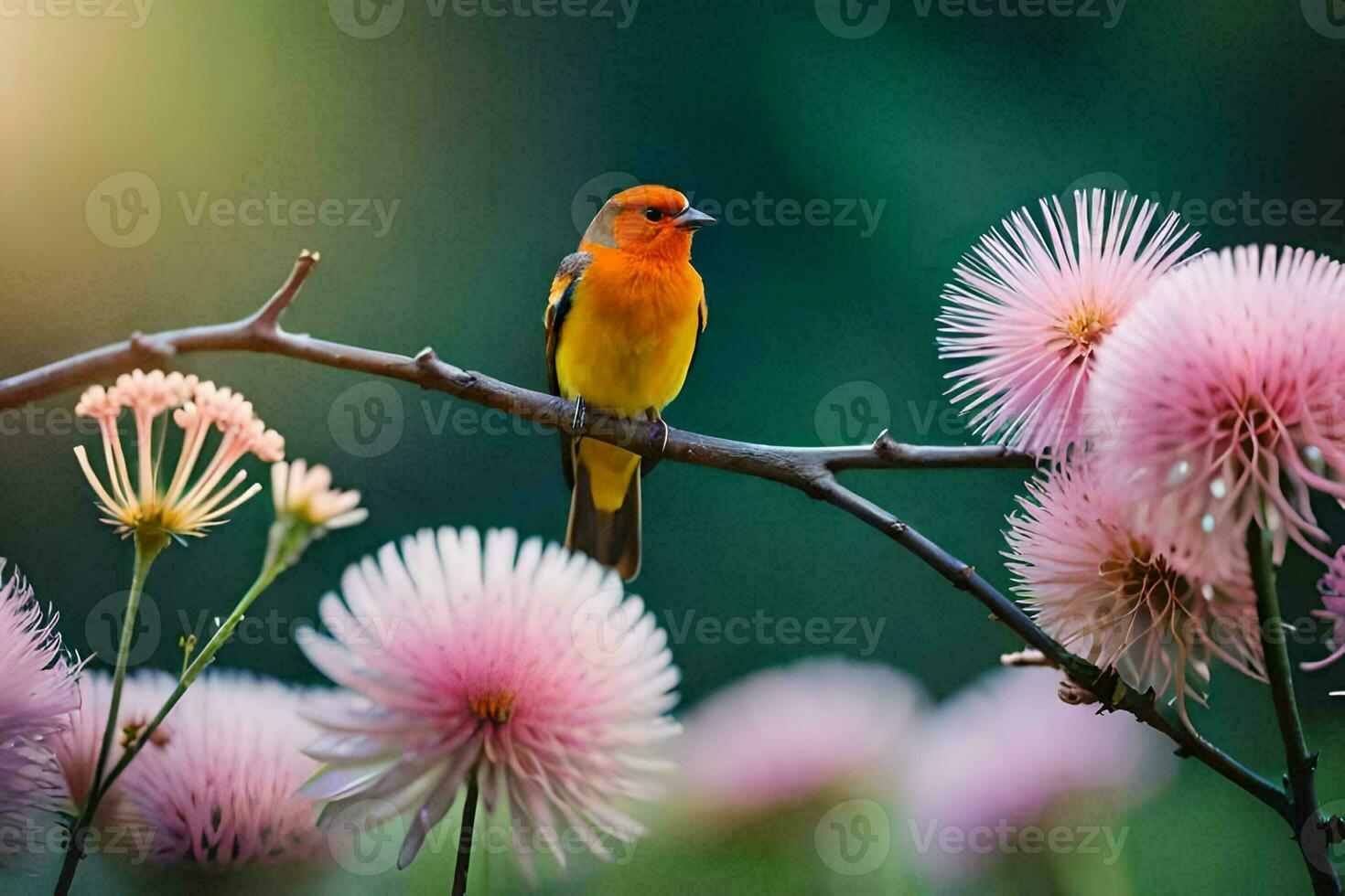 een klein vogel is neergestreken Aan een Afdeling van roze bloemen. ai-gegenereerd foto