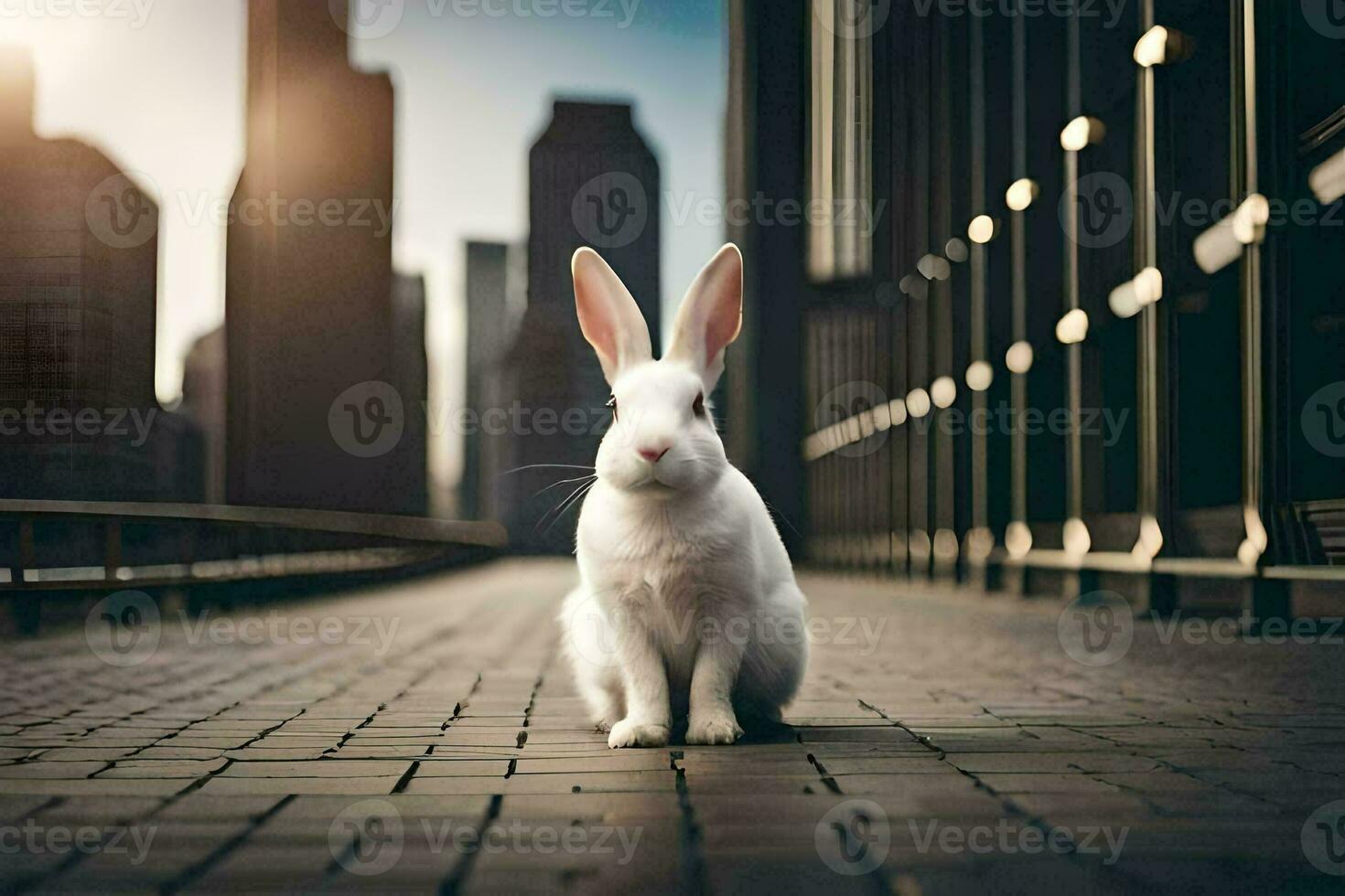 wit konijn zittend Aan de trottoir in voorkant van stad gebouwen. ai-gegenereerd foto