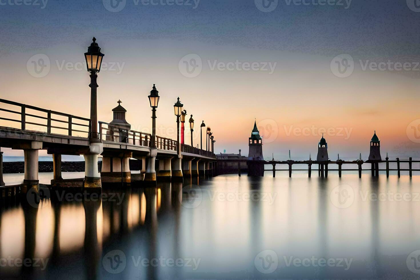 een pier met lichten en water Bij zonsondergang. ai-gegenereerd foto
