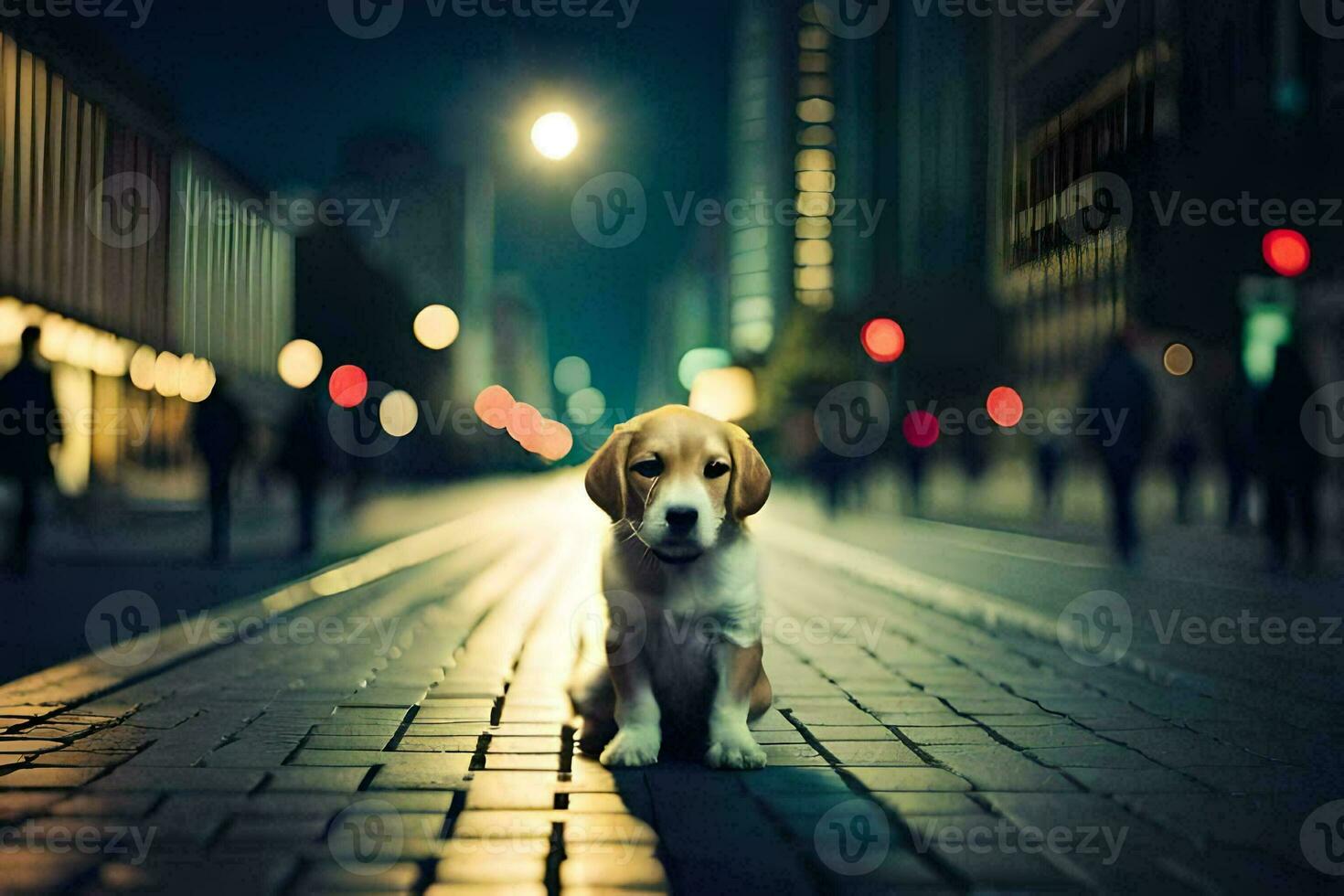 een puppy zit Aan de straat Bij nacht. ai-gegenereerd foto