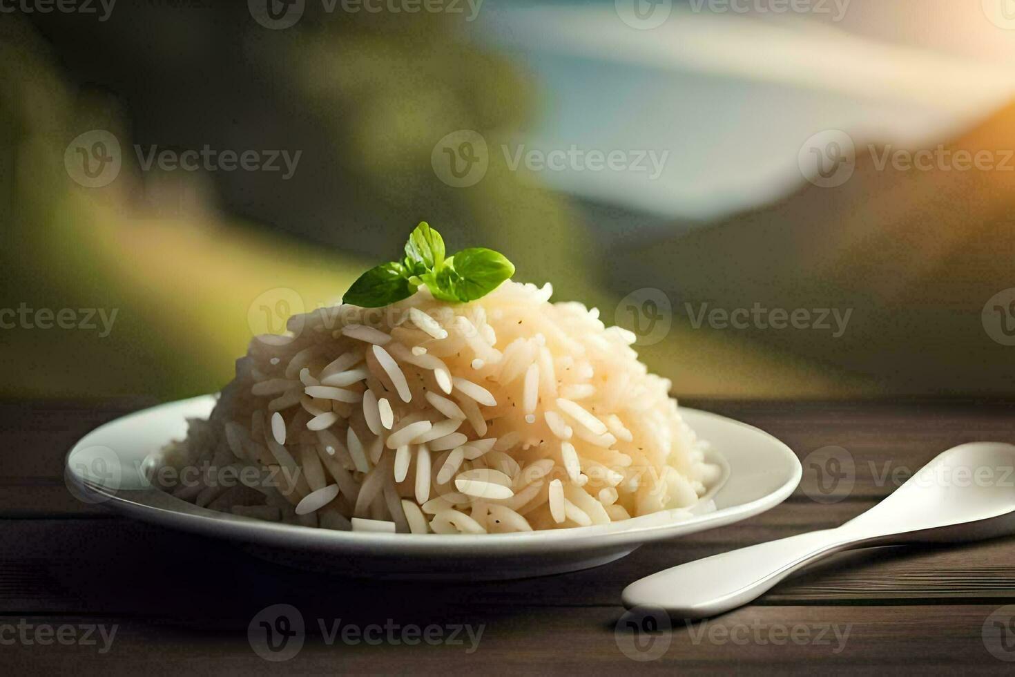 een bord van rijst- met een lepel Aan een houten tafel. ai-gegenereerd foto