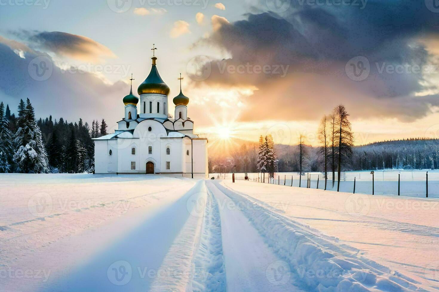 een kerk in de sneeuw met de zon instelling achter het. ai-gegenereerd foto