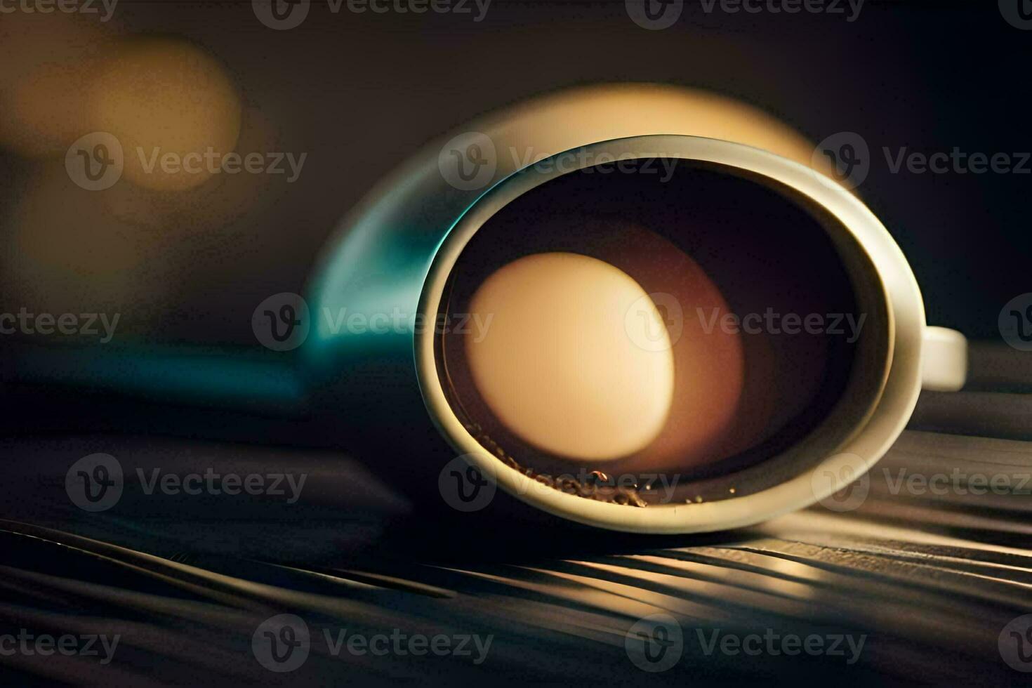 een koffie kop Aan een tafel met een wazig achtergrond. ai-gegenereerd foto