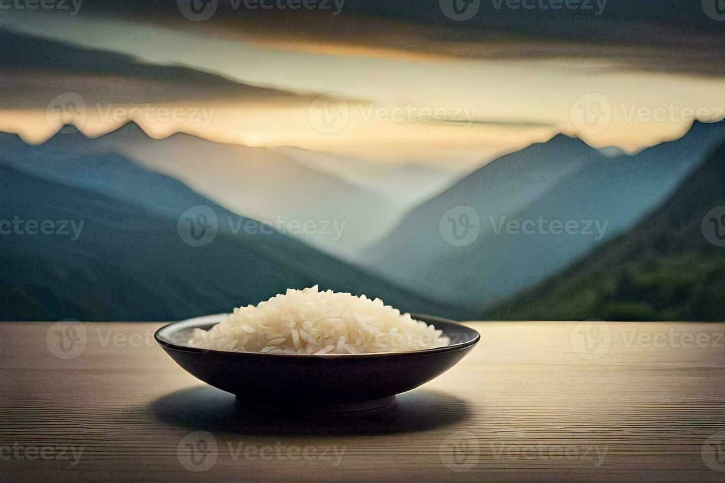 rijst- in een kom Aan een tafel in voorkant van bergen. ai-gegenereerd foto