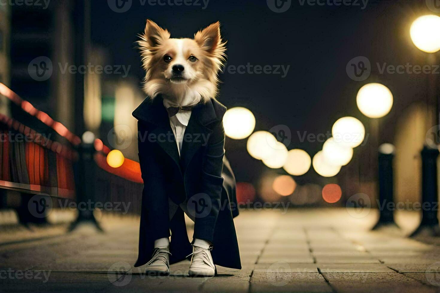 een hond in een pak en stropdas staand Aan een straat Bij nacht. ai-gegenereerd foto
