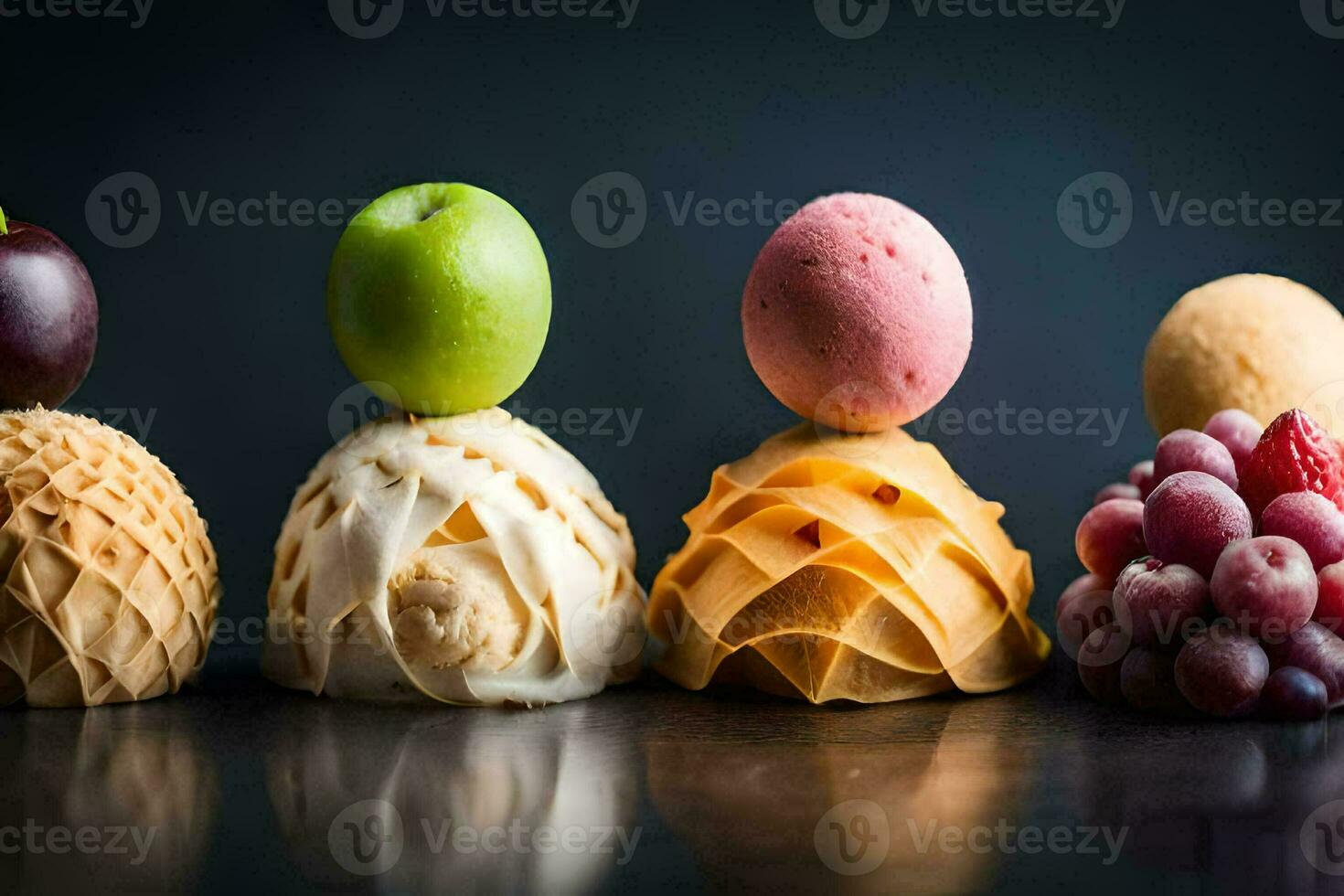 een groep van verschillend desserts met fruit Aan top. ai-gegenereerd foto