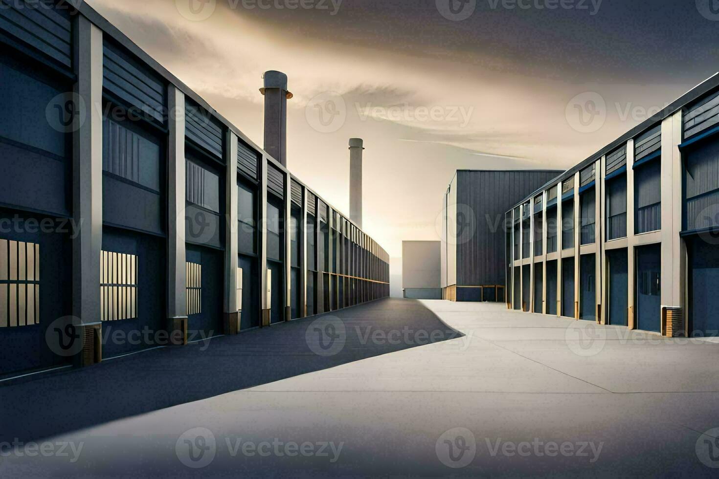 een lang leeg industrieel gebouw met een fabriek in de achtergrond. ai-gegenereerd foto