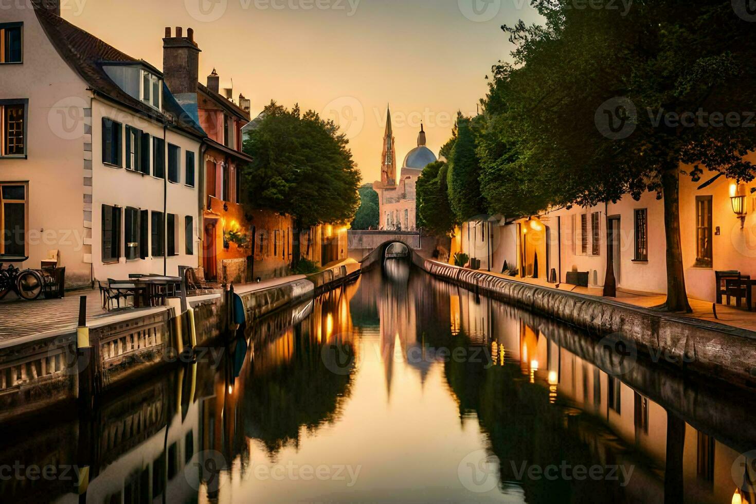 een kanaal in een stad Bij zonsondergang met gebouwen en bomen. ai-gegenereerd foto