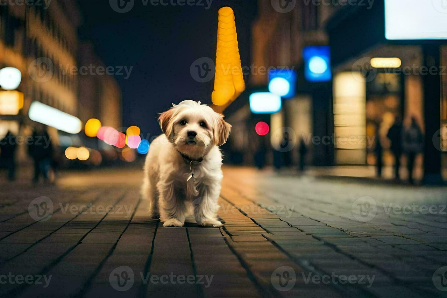 een klein wit hond staand Aan een straat Bij nacht. ai-gegenereerd foto