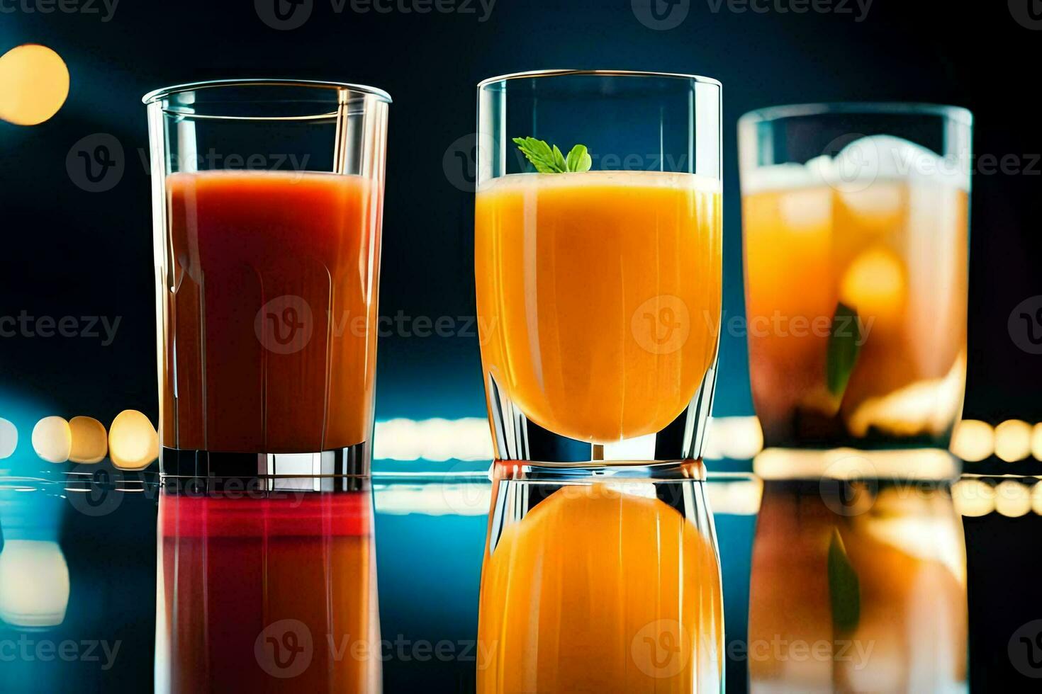 drie bril van sap en sap Aan een tafel. ai-gegenereerd foto