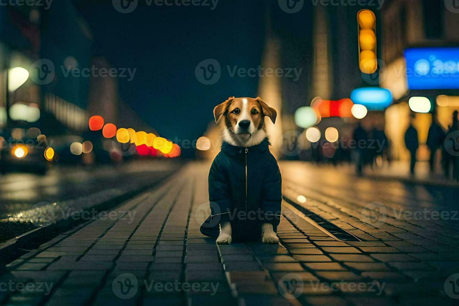 een hond in een jasje zittend Aan de straat Bij nacht. ai-gegenereerd foto
