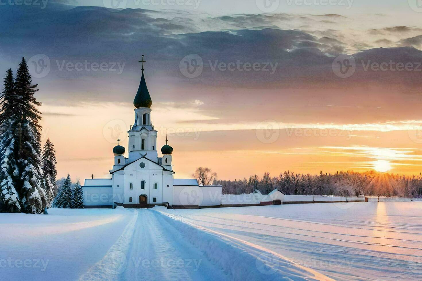 een kerk in de sneeuw met een zonsondergang achter het. ai-gegenereerd foto