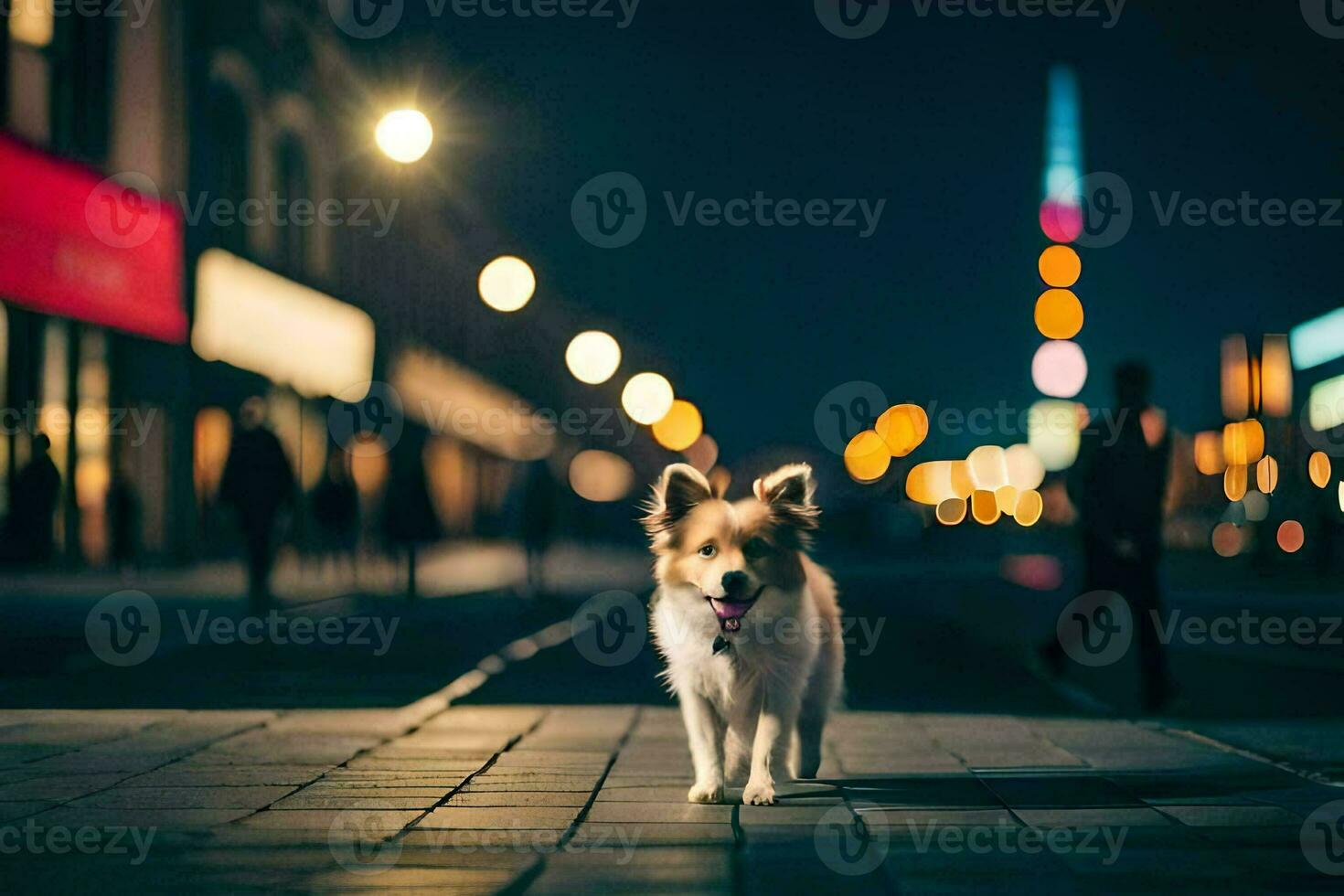 een hond wandelen Aan een stad straat Bij nacht. ai-gegenereerd foto