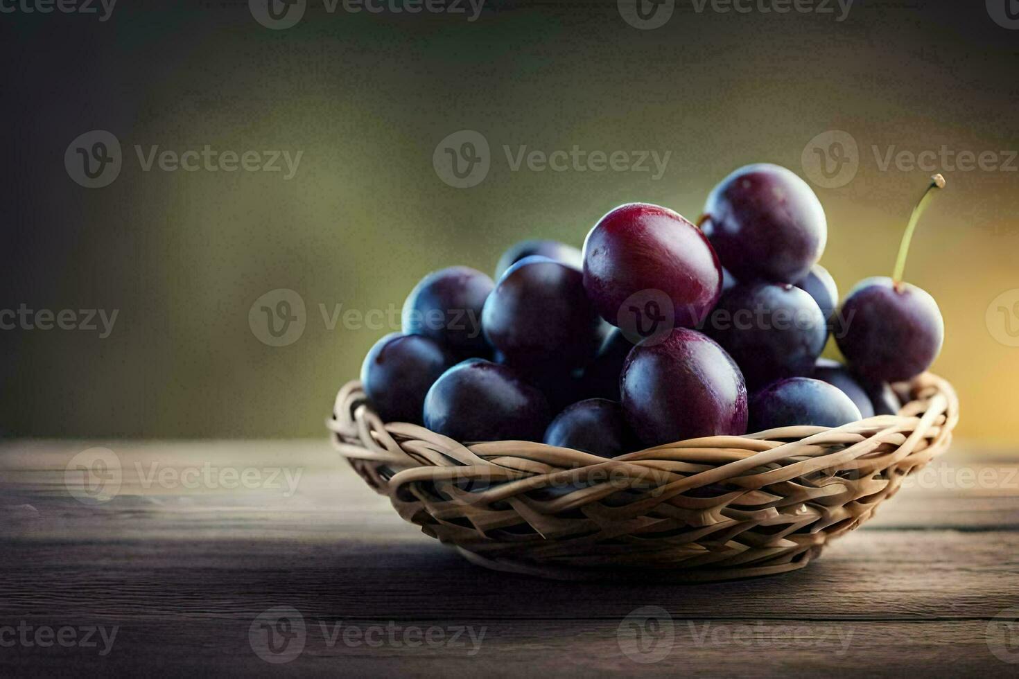 een mand vol van kersen Aan een houten tafel. ai-gegenereerd foto