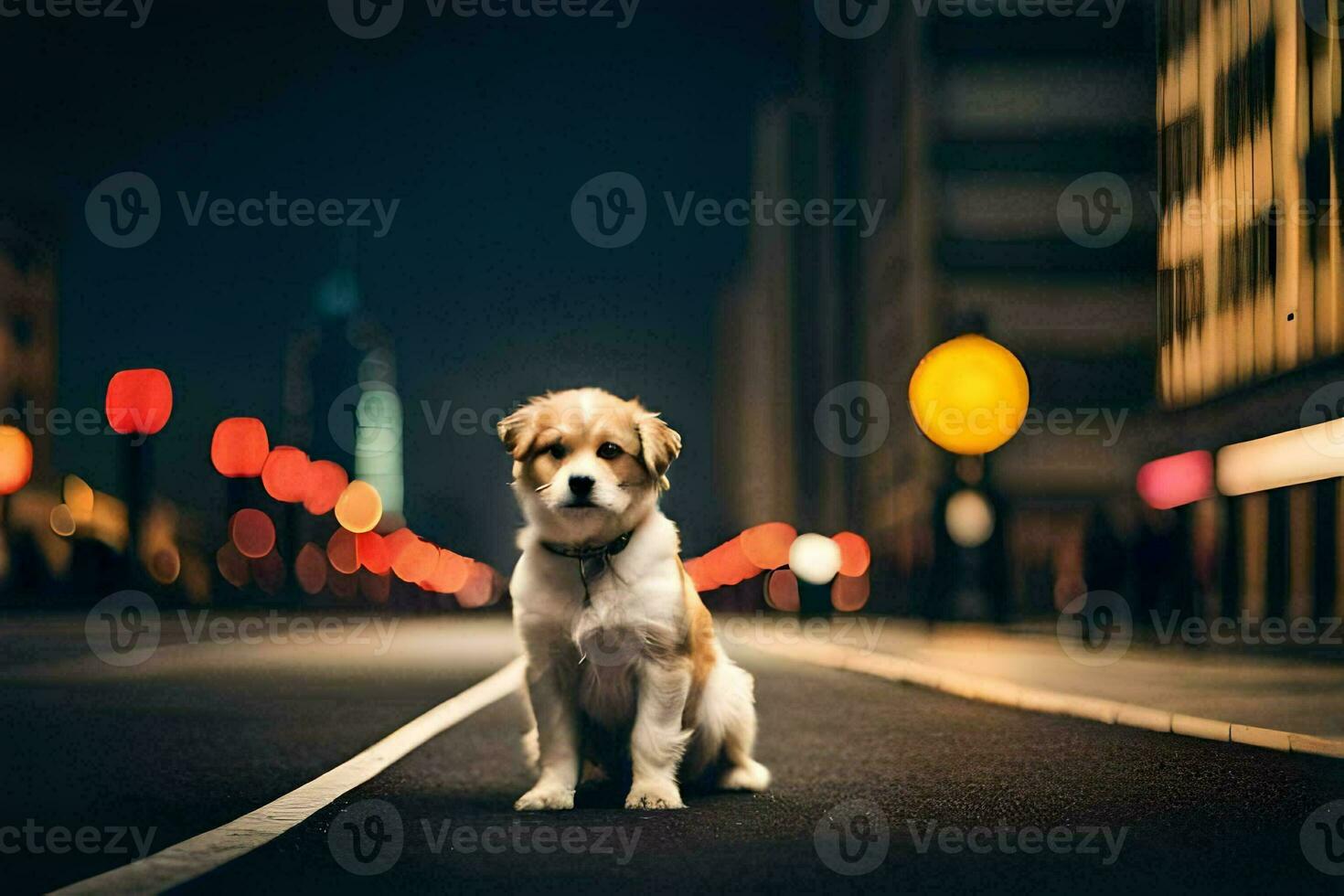 een hond zittend Aan de straat Bij nacht. ai-gegenereerd foto