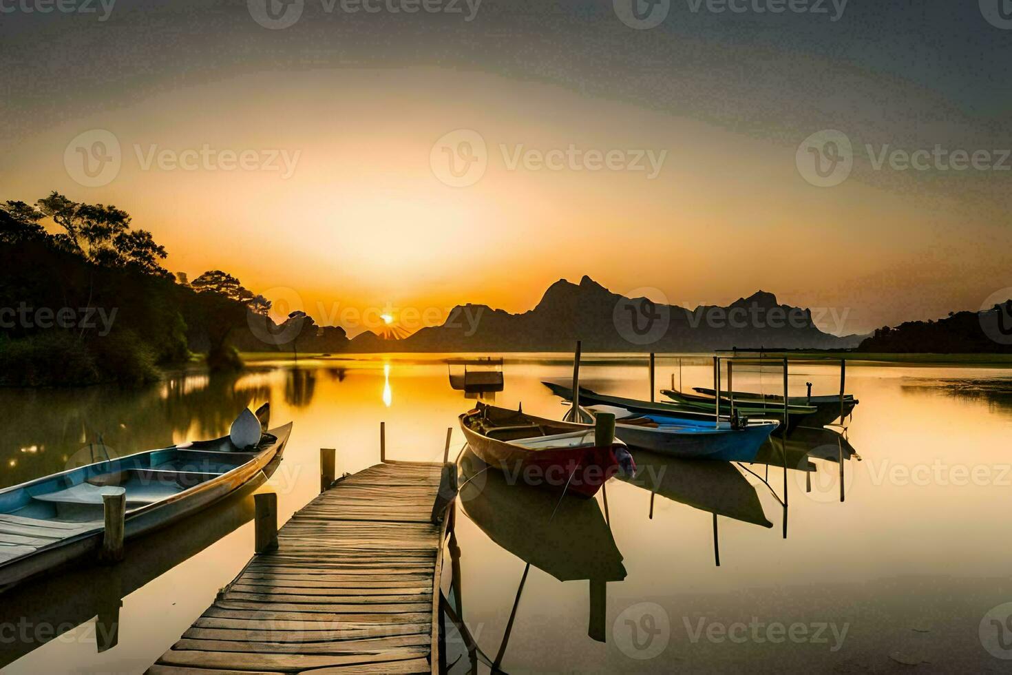 boten aangemeerd Bij de pier Bij zonsondergang. ai-gegenereerd foto