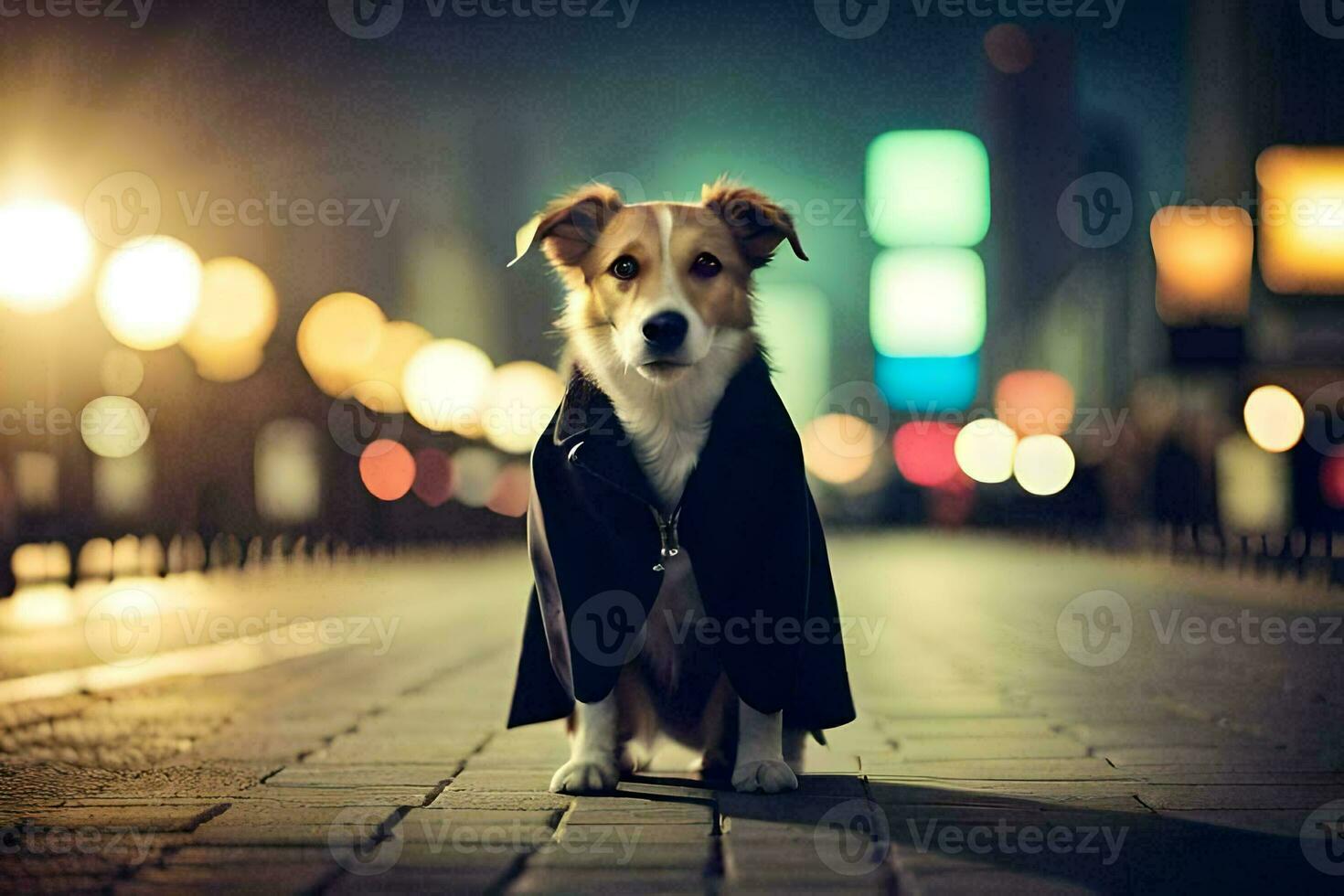 een hond vervelend een jas en staand Aan een straat Bij nacht. ai-gegenereerd foto