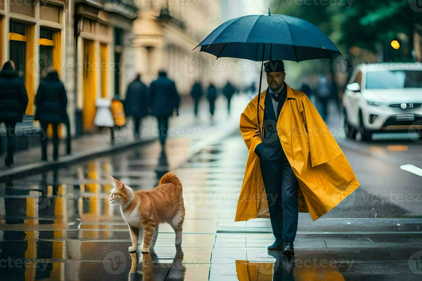 een Mens in een geel regenjas en zwart paraplu wandelen met een kat. ai-gegenereerd foto