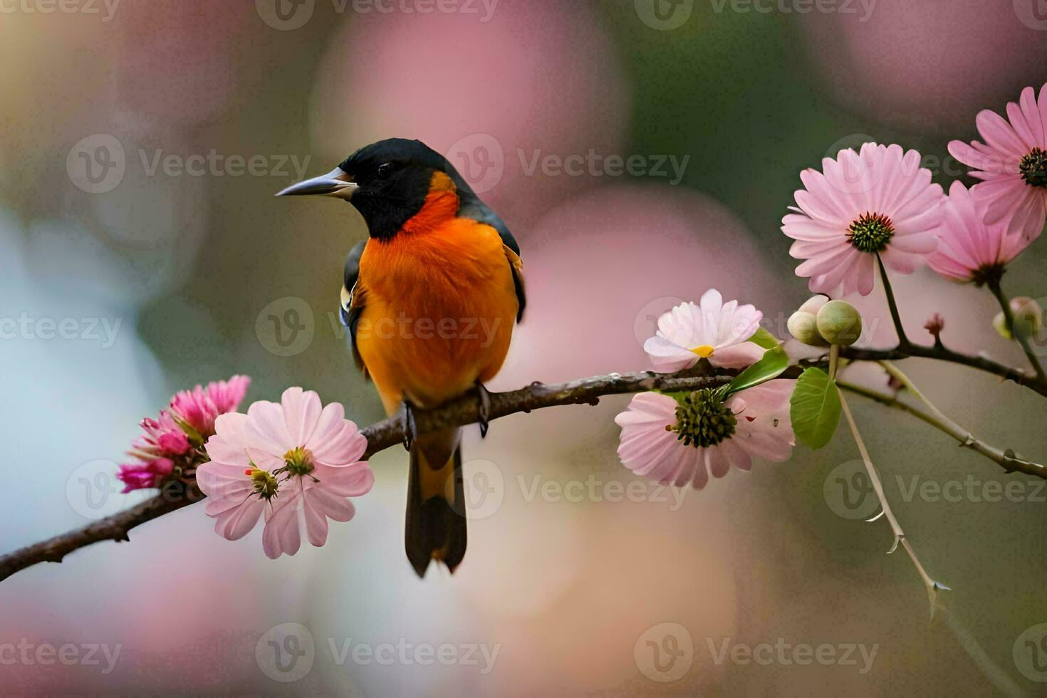een vogel zit Aan een Afdeling met roze bloemen. ai-gegenereerd foto