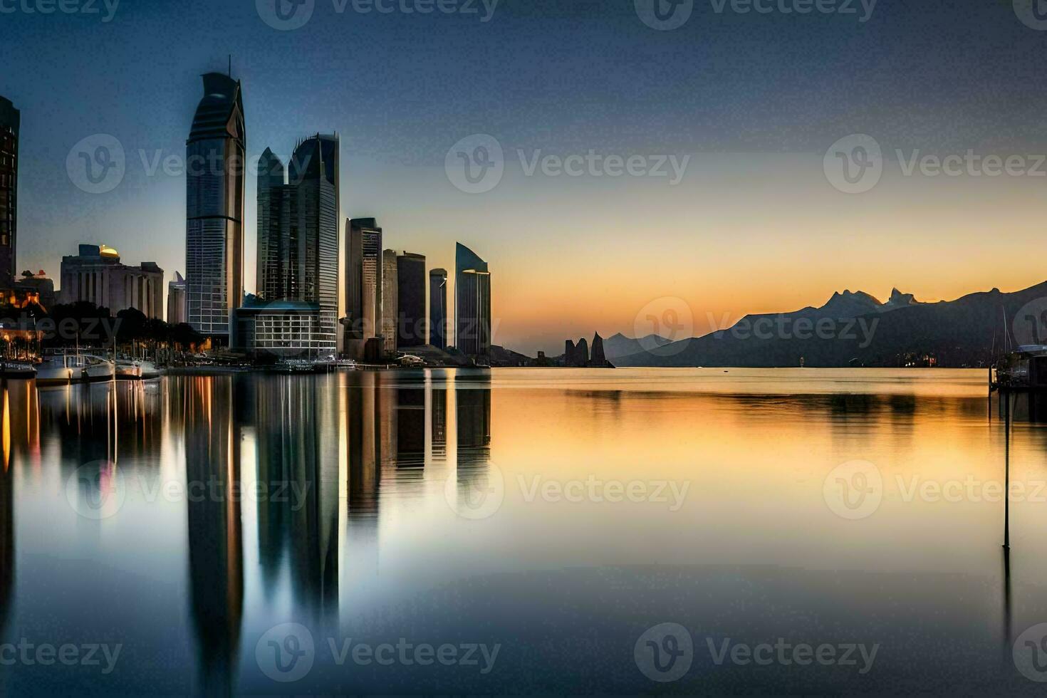 de stad horizon is weerspiegeld in de water Bij zonsondergang. ai-gegenereerd foto