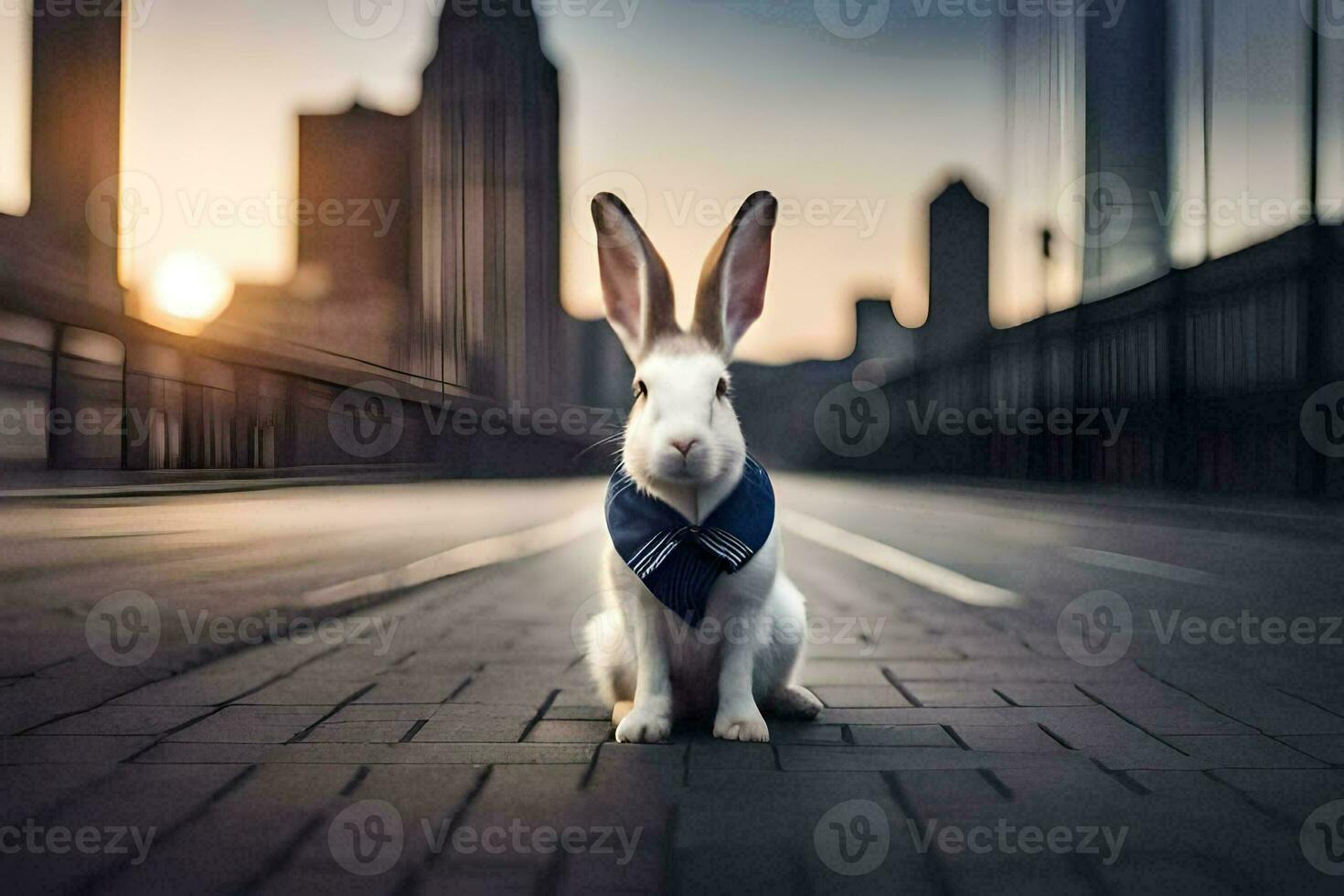 een konijn vervelend een stropdas Aan een stad straat. ai-gegenereerd foto