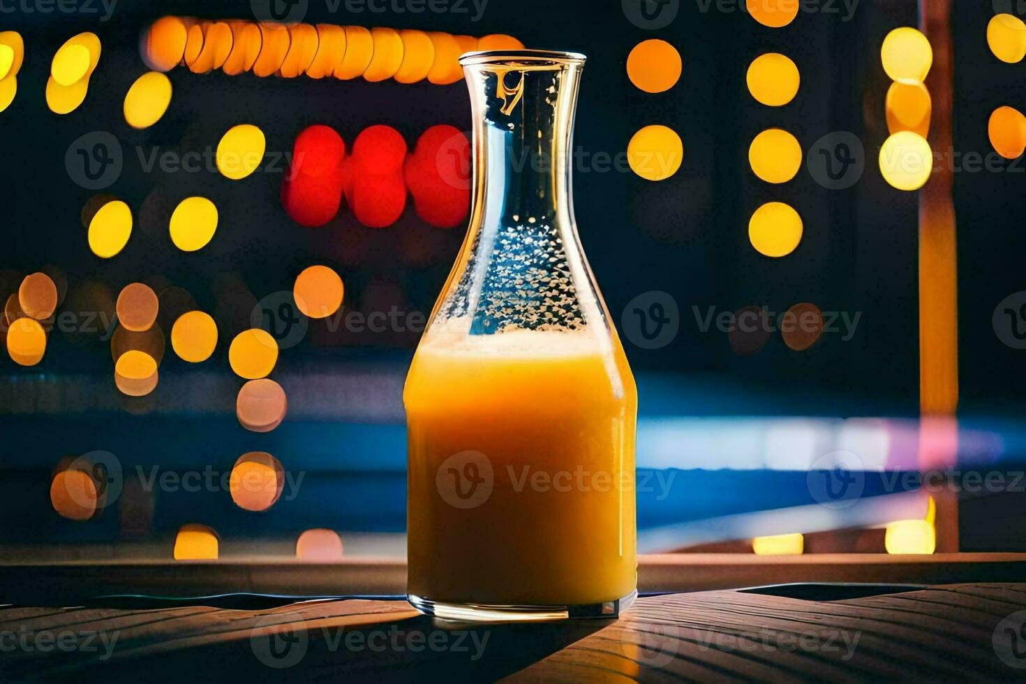 oranje sap in een glas fles Aan een tafel. ai-gegenereerd foto