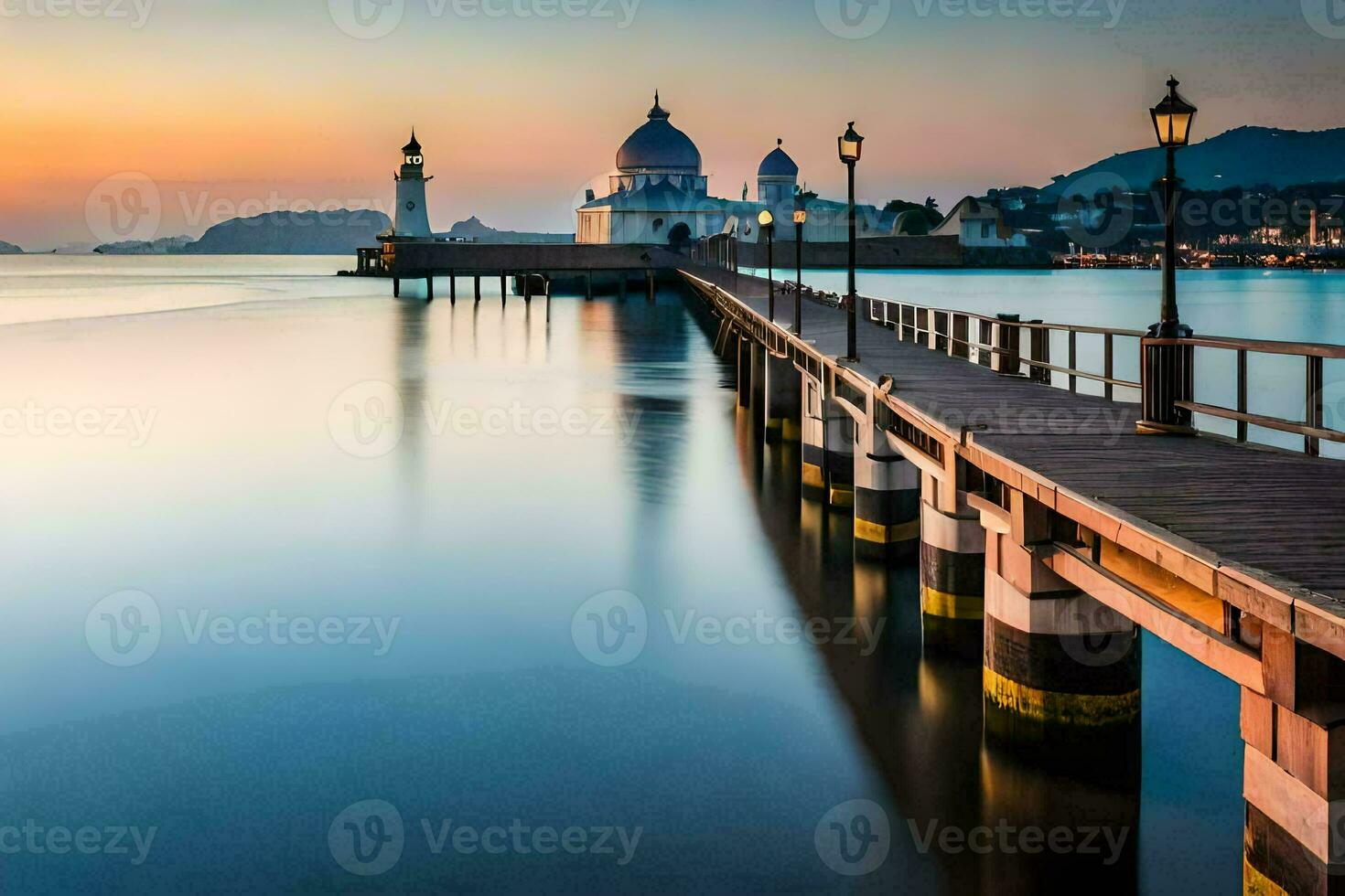 de zonsondergang over- de water en een pier. ai-gegenereerd foto